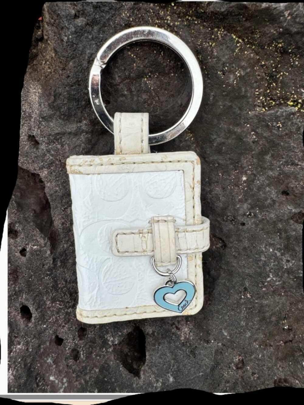 Coach White Signature Embossed Leather Mini Agenda Notebook Keychain with Heart